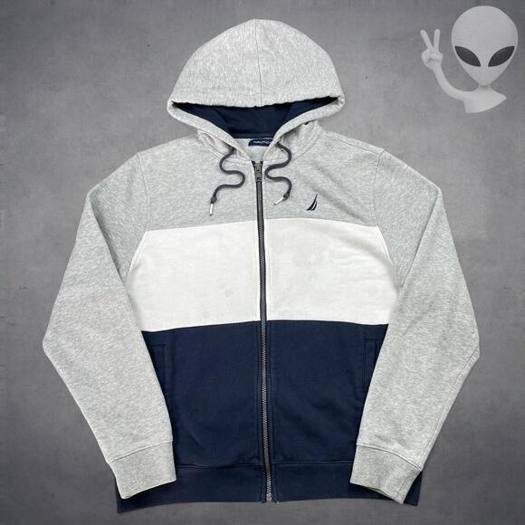 Nautica Other - Nautica Men Small Gray White Navy Colorblock Full Zip Hoodie J Class Sailboat